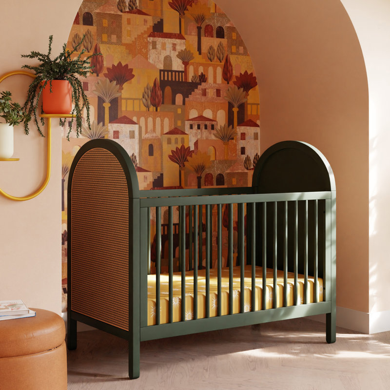 Bondi Cane 3-in-1 Convertible Crib with Toddler Bed Conversion Kit, Forest Green w/ Natural Cane