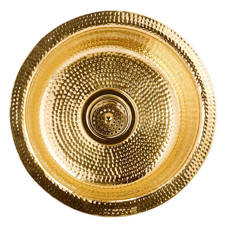 Brightwork 15-Inch Hand Hammered Round Stainless Steel Bar Sink, Polished Brass
