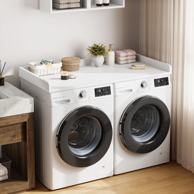 Washer Dryer Countertop, 54.3" x 27.6" Wooden Laundry Countertop with Edge Rails, Washer and Dryer Topper for Laundry Room Organization and Storage-White