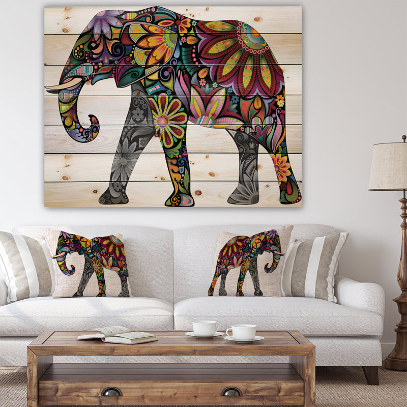 « yellow joyeuse éléphant », impression, H 15 po x l 20 po x P 1 po, Bois