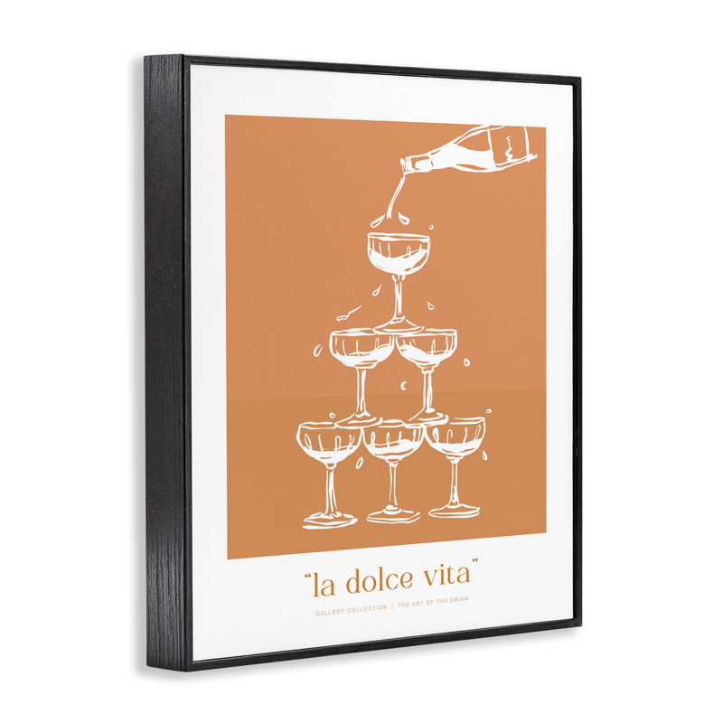 La Dolce Vita Champagne Framed Giclee, design by Lettered and Lined, 14" H x 11" W, Midnight Black Framed Giclee