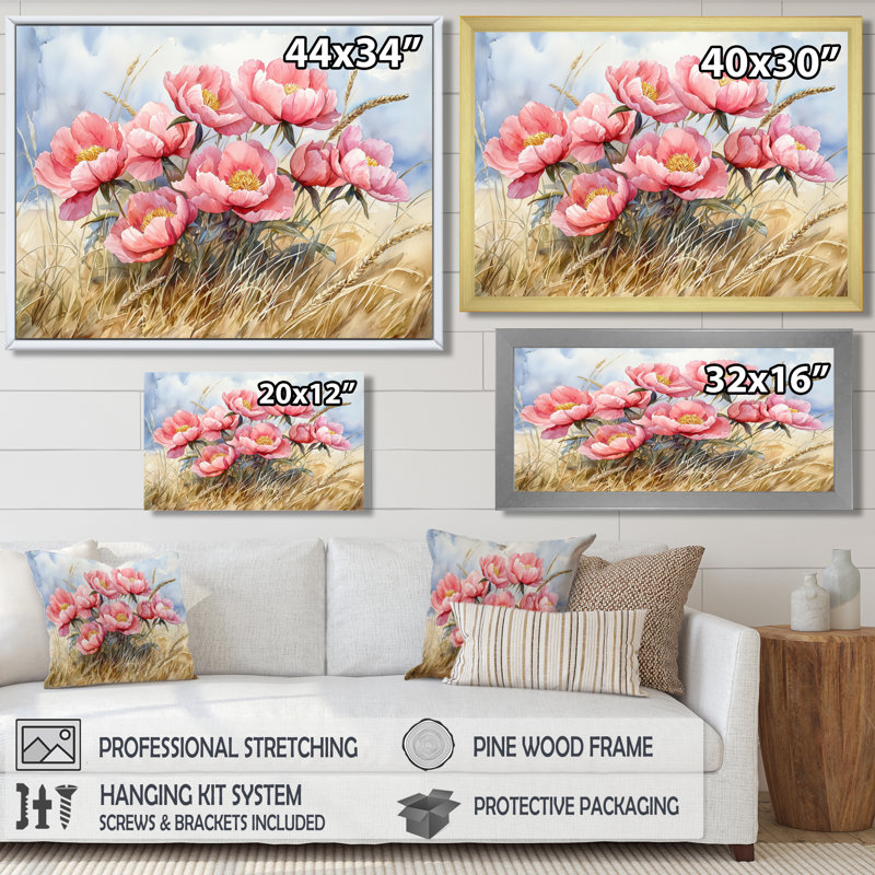 Doylene pivoines dans le champ d'herbe de blé III - pivoines, art mural, Noir, noir, noir, noir, H 12 po x l 20 po