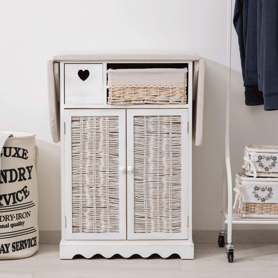 Highland Dunes Ironing Mobile Shabby Elegance White With Axle And 1 Wicker Basket And 2 Doors 66X37x87 Cm
