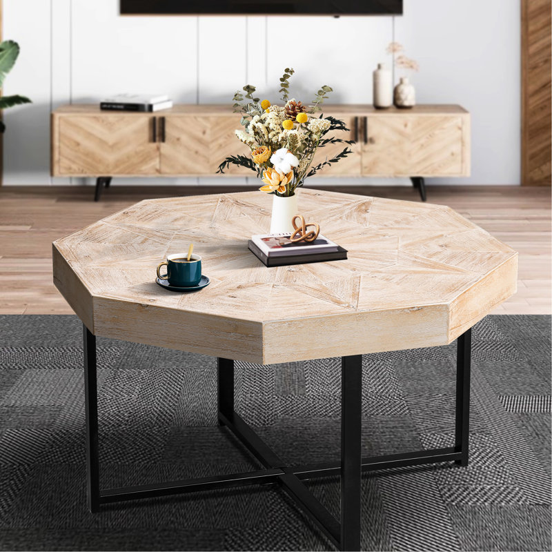Table basse octogonale de 30 pouces, bois et métal, Aura de style antique, trois couleurs, idéale pour l'espace de vie principal, patchwork rétro en pouces, fabrication en métal, assemblage simple, pièce