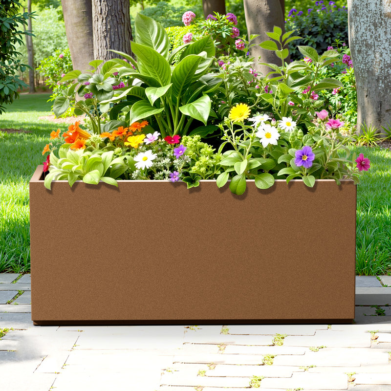 Boîte à fleurs rectangulaire en métal avec trous de drainage pour l'intérieur et l'extérieur, Brun