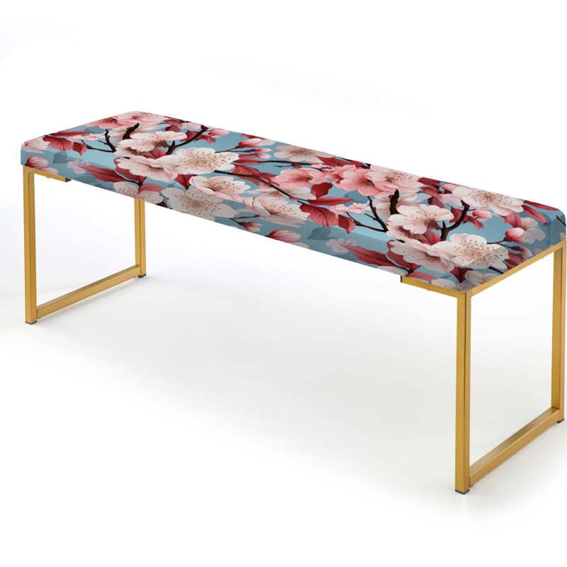 Cherry Blossom Bliss II - Oriental Upholstered Gold Bench
