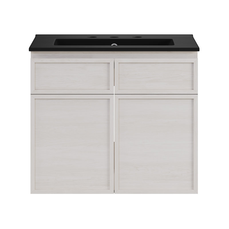 Meuble-lavabo mural 24 po St. Tropez en chêne blanc avec comptoir à 3 trous noir, Noir, 8 po