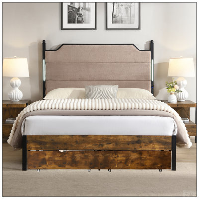 Cadre de grand lit, tête de lit tapissier avec lumières DEL rechargeables et tactiles, rangement sous le lit, 2 tiroirs, aucun sommier nécessaire, sans bruit