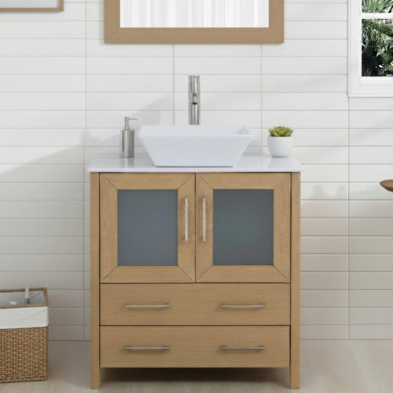 Meuble-lavabo autoportant à simple cuve 30 "avec plateau en marbre et miroir assortis Ravenna, Chêne naturel, l 30 po
