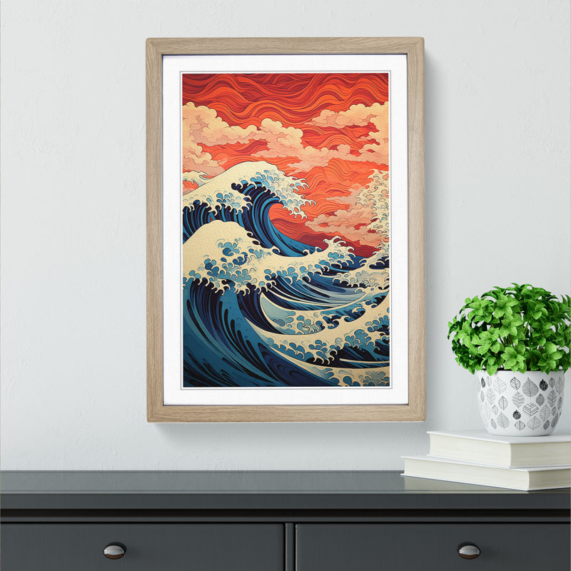 Wave Japanese Geometric Art - Framed Print, 64cm H x 46cm W, Oak Framed
