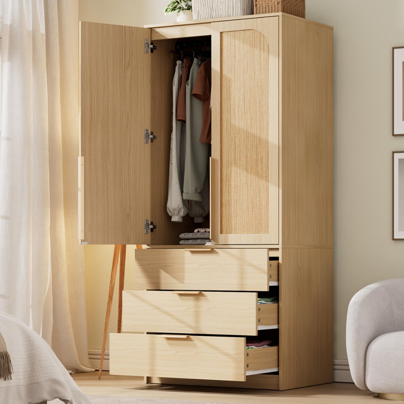 Armoire 70 "en bois avec 2 portes et 3 tiroirs, armoire de chambre à coucher avec tablette suspendue
