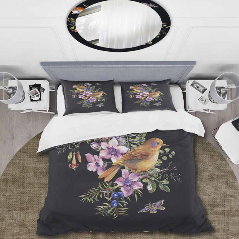 Little Bird On Colorful Bouquet Of Wildflowers II - Traditional Polyester Duvet Cover Set