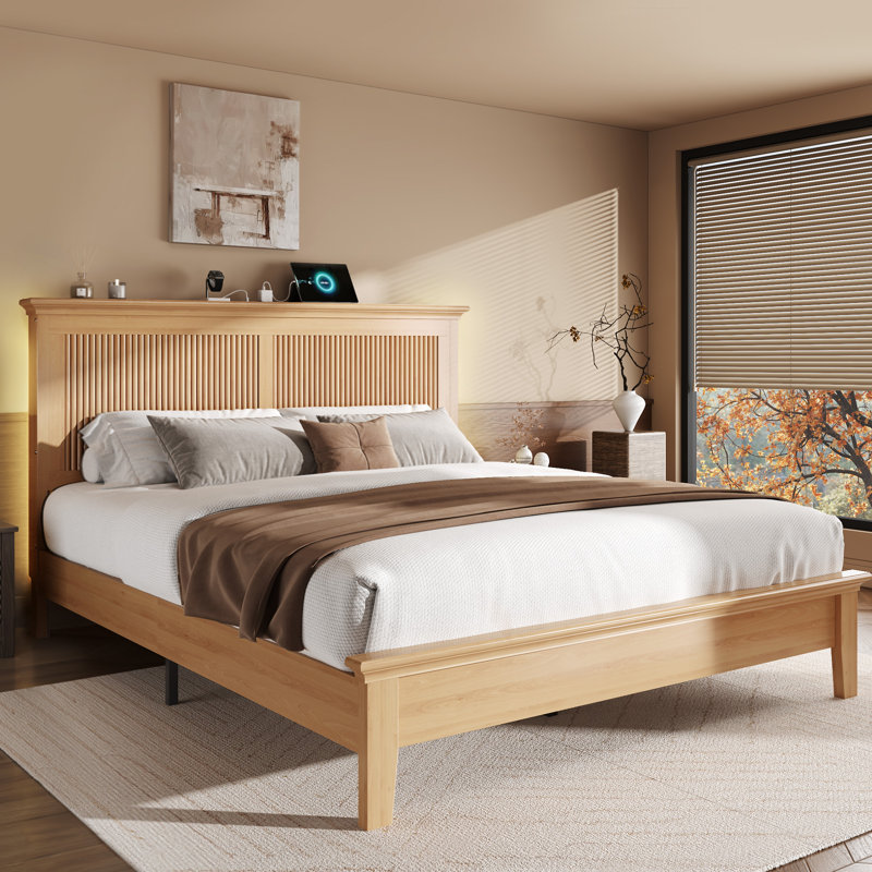 Mid-Century Solid Wood Bed Frame with Built-in Charging Station & RGB LED Headboard, Queen, Natural Wood Color, Natural Wood