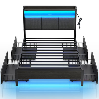 Berte Bed with Storage Headboard, Bed Frame with 4 Storage Drawers, Charging Station and RGB LED Lights