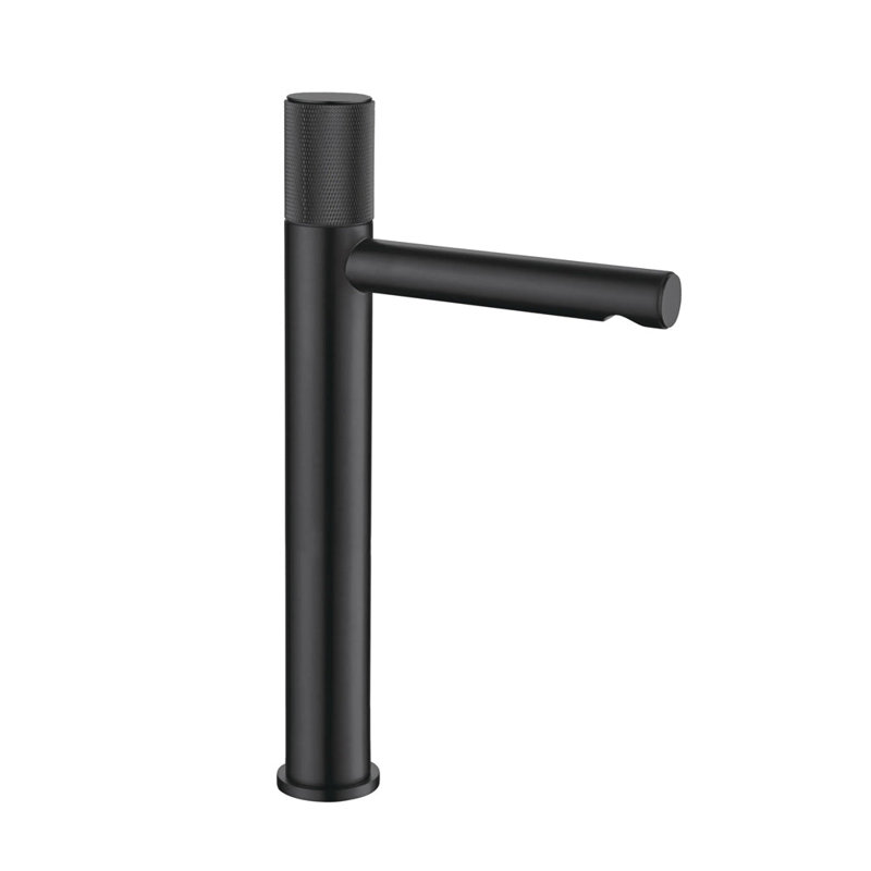 Metro Knurled Long Spout Bathroom Faucet - Vessel - 12" Brass, Matt Black
