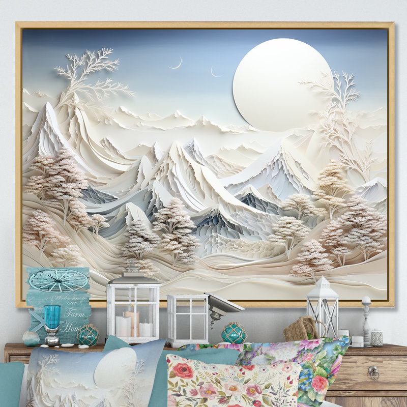 «Abstract Snowy Winter Mountains IV - Abstract Landscape», art mural, Cadre flottant brun, H 12 po x l 20 po x P 1 po