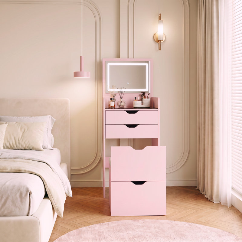 Ensemble de meuble-lavabo 3 en 1 avec miroir HD et 3 lumières DEL réglables, 2 tiroirs coulissants et tabouret de rangement caché, coiffeuse peu encombrante, rose