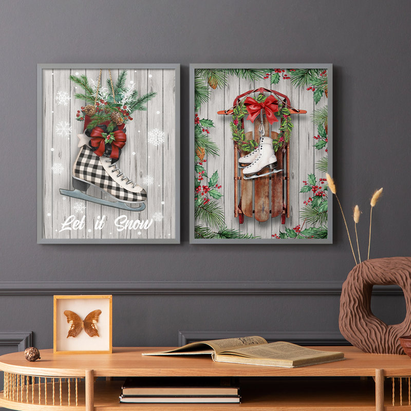 Patins de Noël - reproduction encadrée de qualité supérieure - prêt à être accroché - aucun clou requis - aucun clou requis