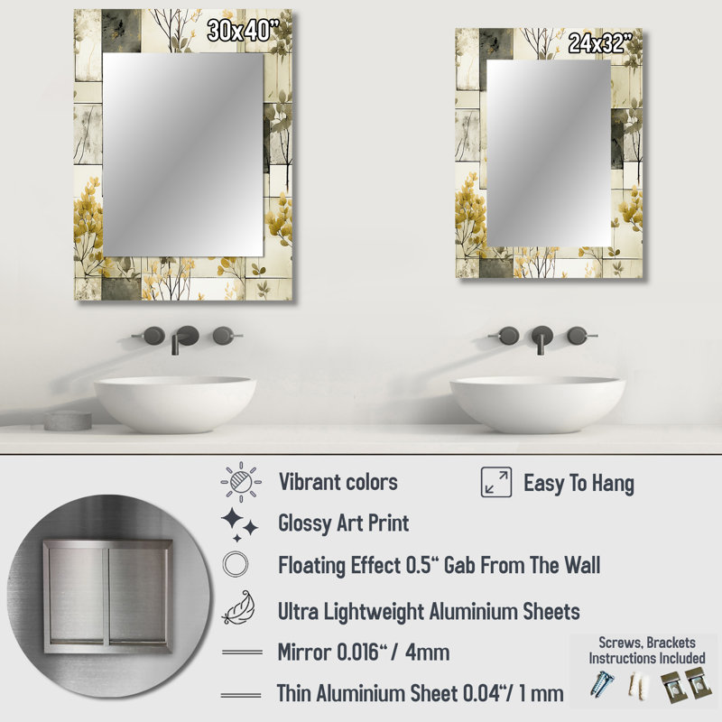 Demarcio Green Cubic Botanical Dreams - Miroir mural patchwork unique, miroir rétro, impression d'art en métal, 32 po x 24 po