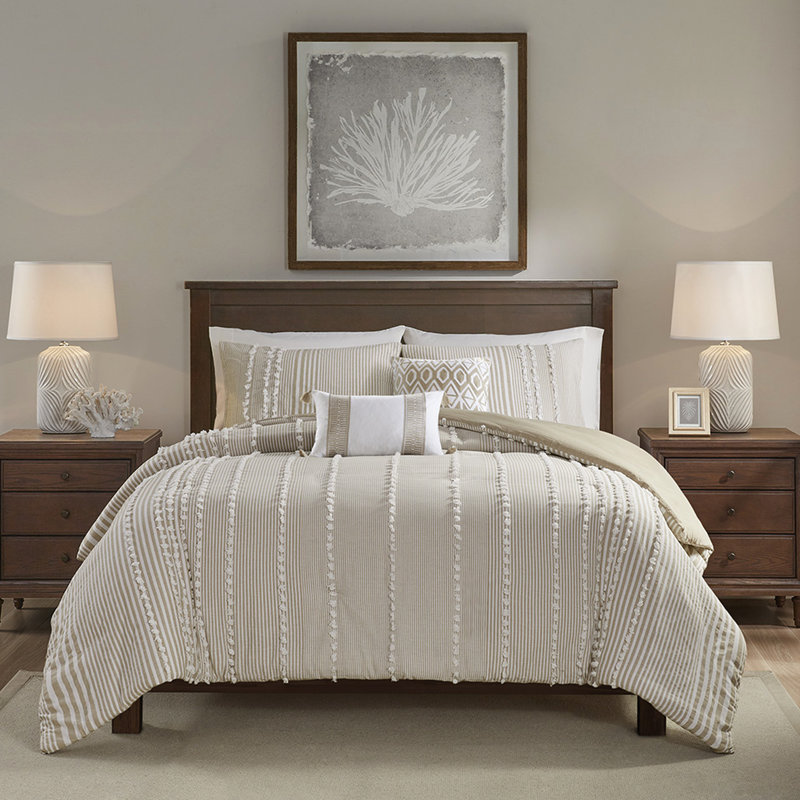 Housse de couette 100% coton 3 pièces avec rayures taupe et blanches
