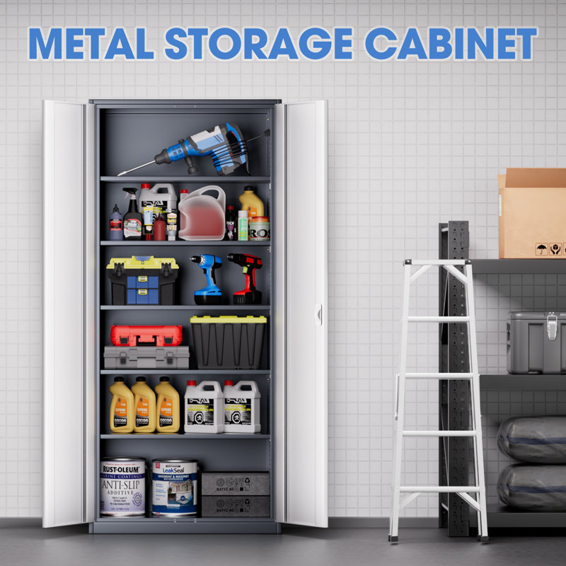 71" Lockable Heavy Duty Metal Storage Cabinet W/ 5 Adjustable Shelves, Gray/White