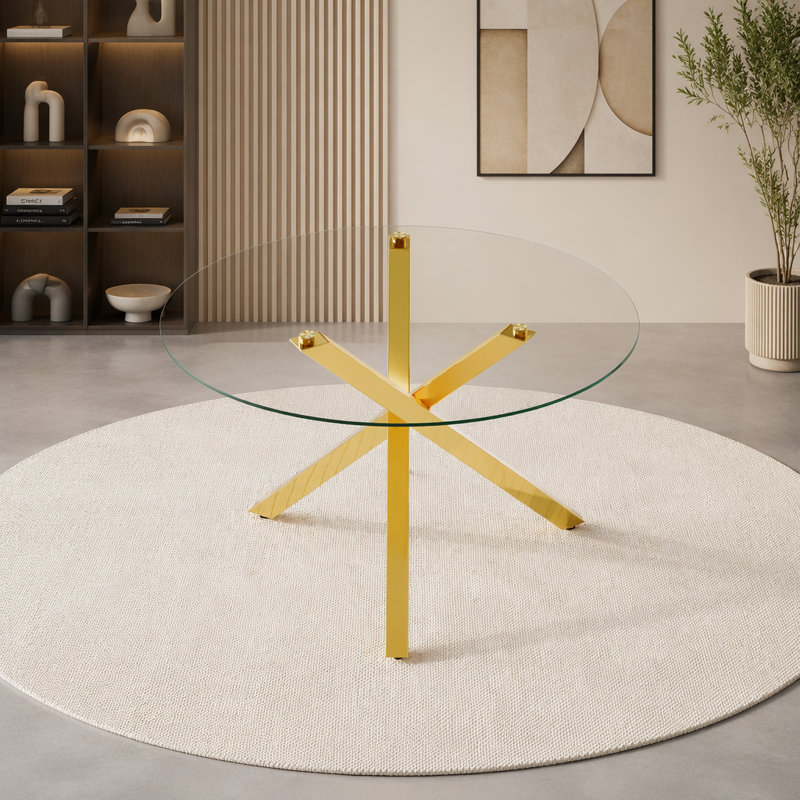 Table de salle à manger ronde en verre: 39 po de diamètre, 30 po de hauteur, structure en métal en forme de X, parfaite pour la salle à manger, la cuisine et les petits espaces, élégante et fonctionnelle.