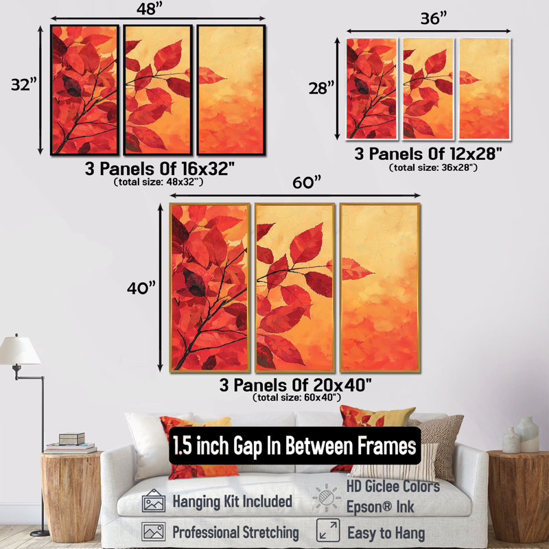 Automne, coucher de soleil et feuille d'érable III - art mural feuilles - ensemble de 3, H 32 po x l 48 po, Doré