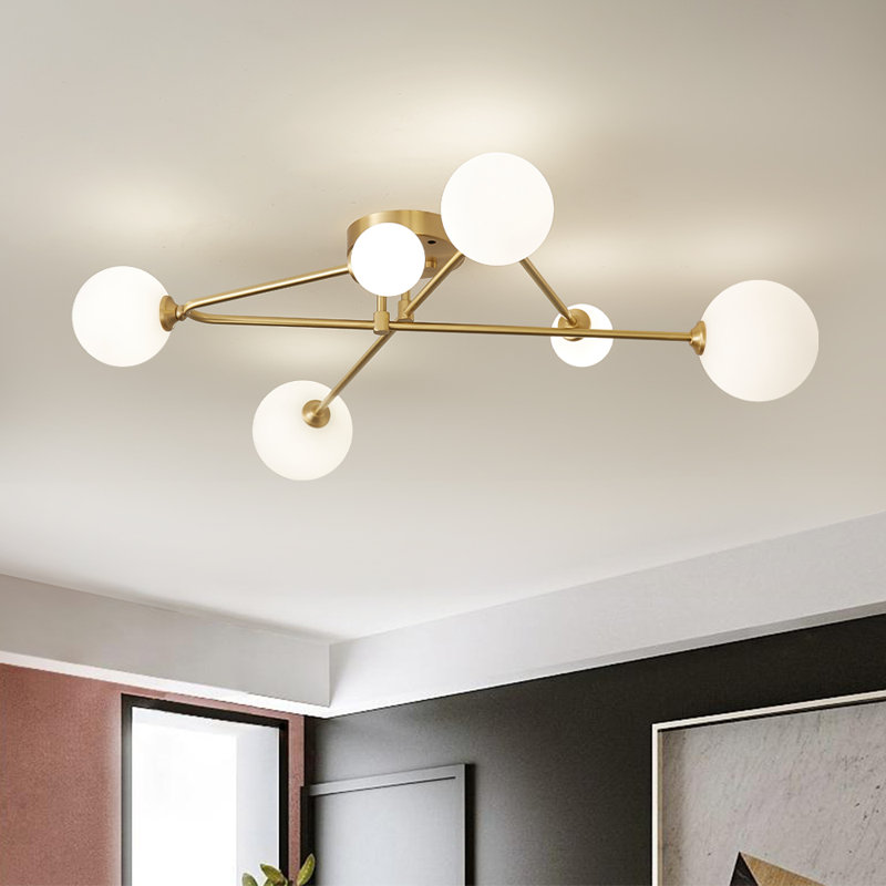 Antinique 6-Light 86cm Modern Glass Globe Sputnik Semi Flush Mount, Brass, Opal Glass