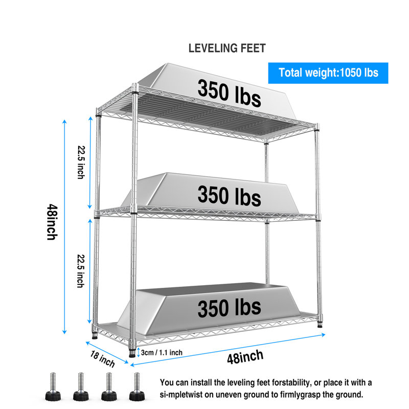 Wire Shelving Unit, (3 Shelves) 47.2"H x 18"W x 48"D, Silver