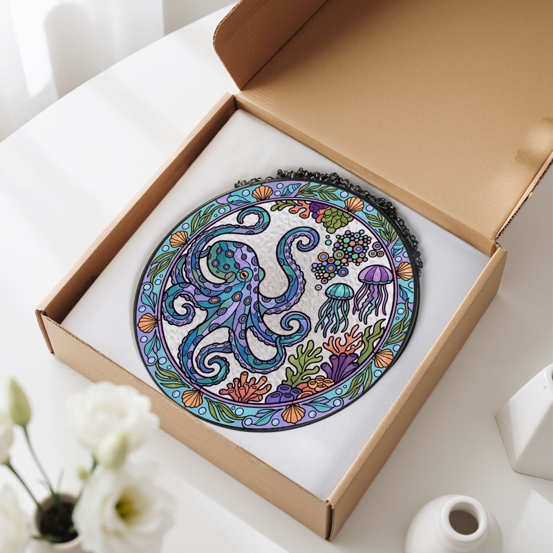 Panneau de vitrail Octopus Ocean, H 7,8 po