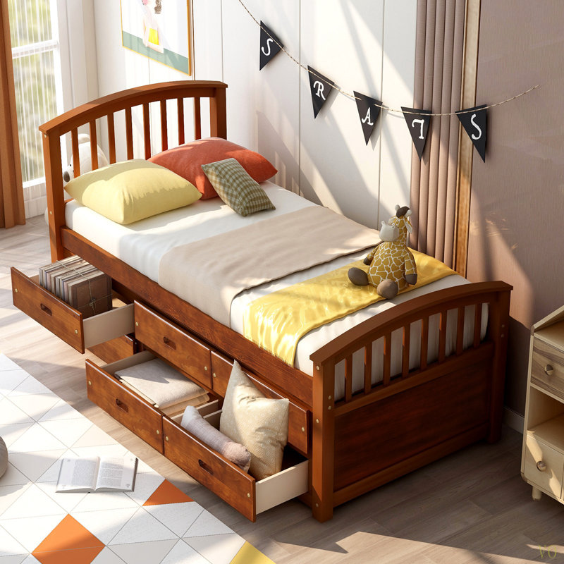 Lit plateforme simple en bois massif avec 6 tiroirs, Noyer