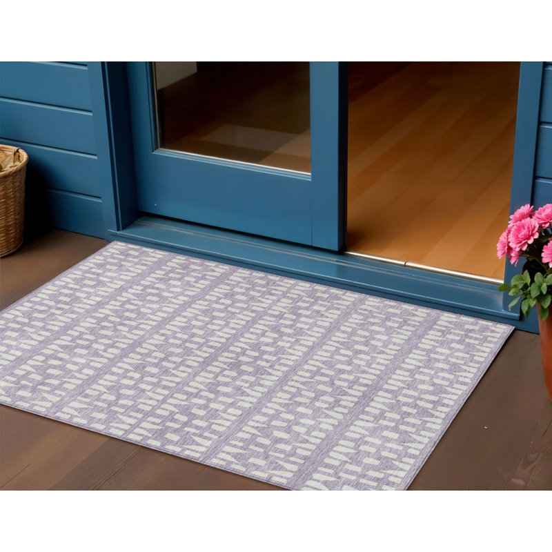 Everette 3' X 5' Lavender And Ivory Geometric Washable Indoor Outdoor Area Rug