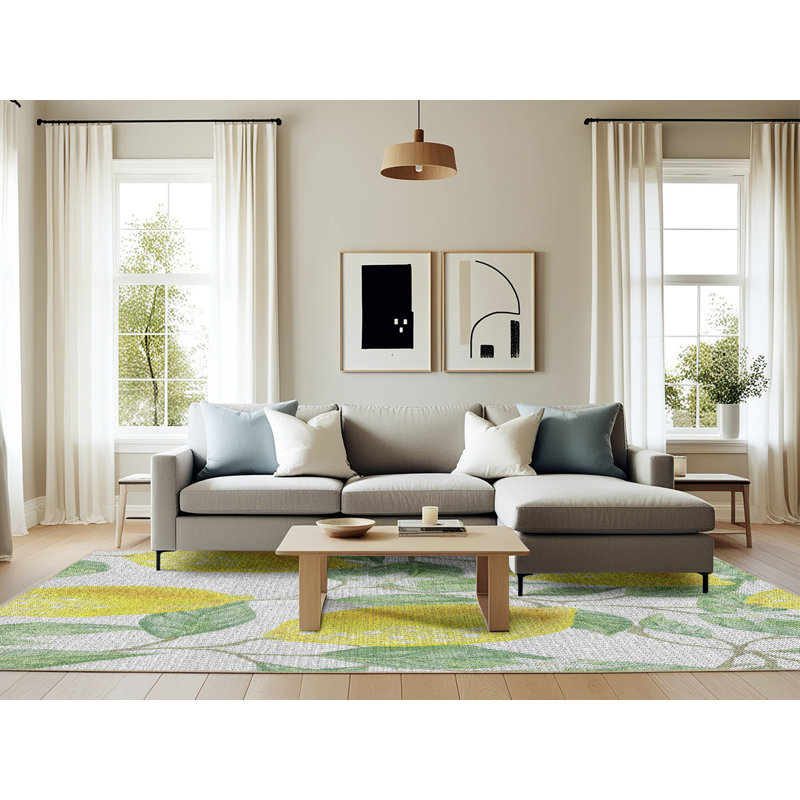 Tapis jaune à motif floral Kali, Rectangle 6 pi x 9 pi