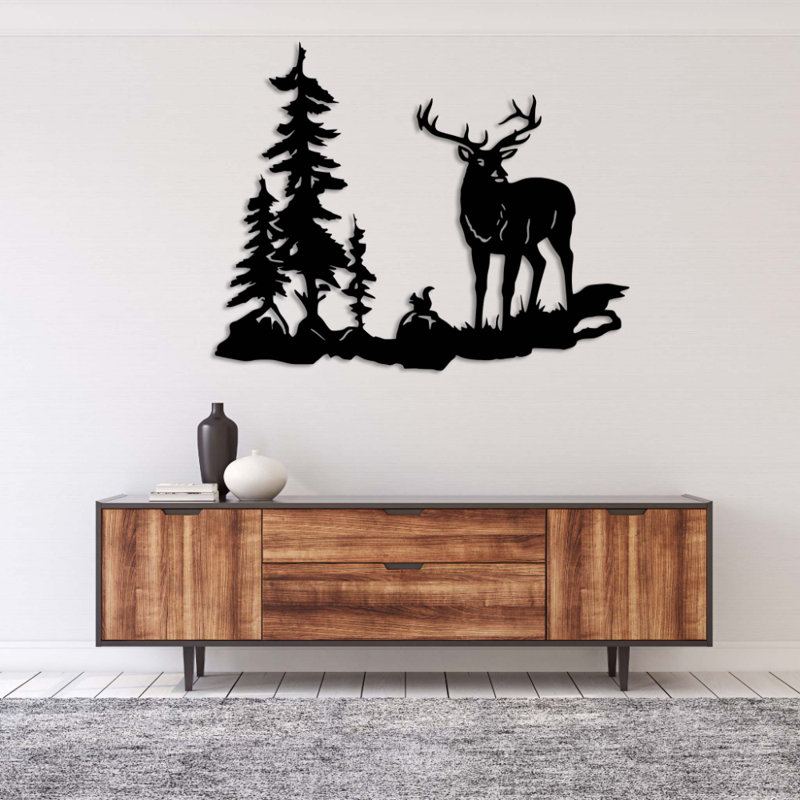 Art mural en métal cerf dans les bois - faune sauvage, décor de nature - silhouette de cerf, conception de scène de bois - chalet rustique suspendu - sculpture industrielle moderne en métal - décoration intérieure aventure en plein air - pièce d'art remarquable