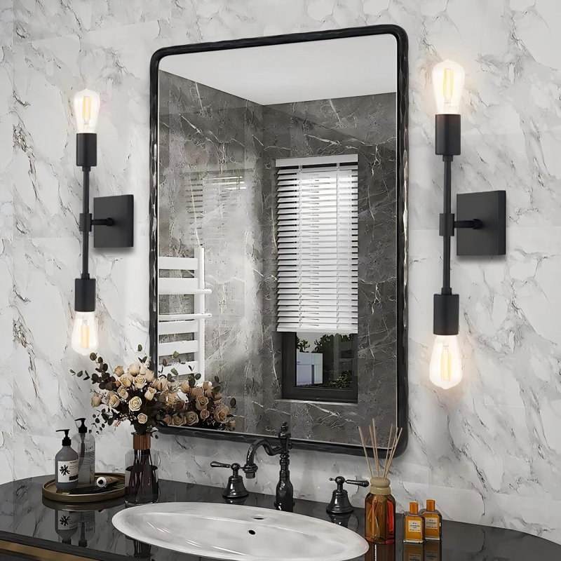 Brunilde Antique Hand-Forged Iron Rectangle Wall Mirror | Rustic Bathroom Vanity Mirror, Forged Black, 36" x 24"