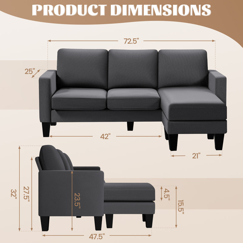 3 Seat L-shaped Sofa With Linen Fabric And Movable Ottoman, Convertible Sectional Couches, Gray Cotton