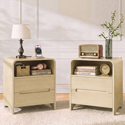 Wood Nightstand Set Of 2 With Charging Station, Bed Side Table Set Of 2 With Charging Station, Round Corner Wood Night Stand