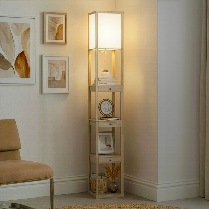 Maxwell 72" Traditional LED Shelf Floor Lamp with Rustic Wood Finish, 4 Built-In Shelves, 3 Storage Drawers, Bulb Included