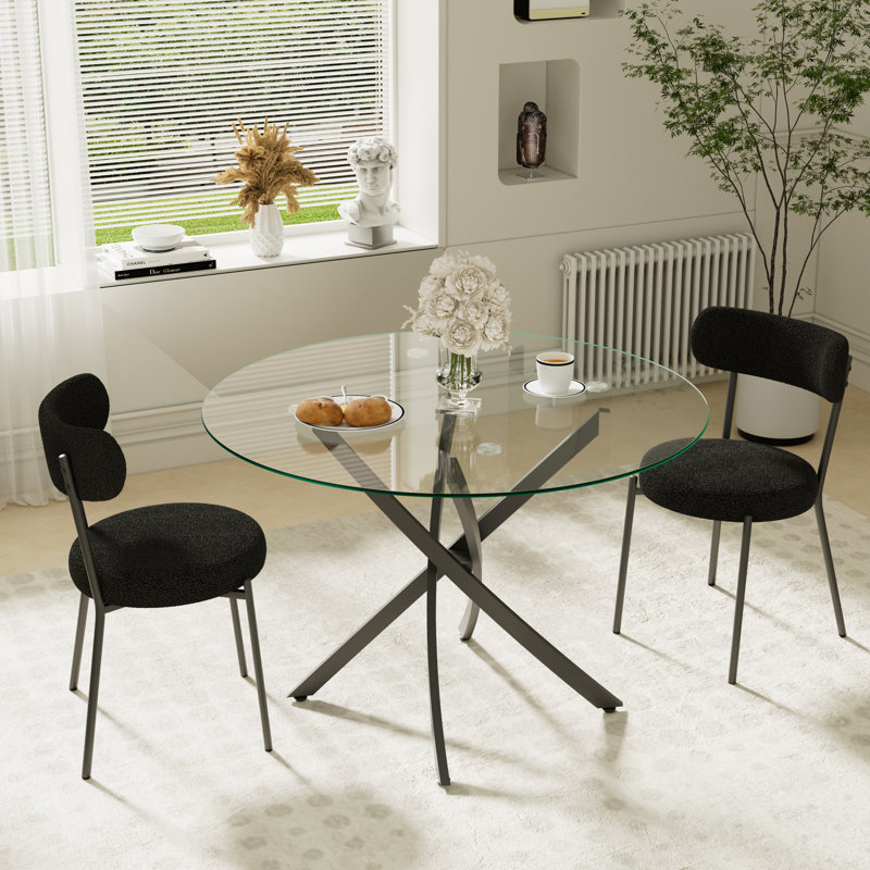 3-Piece Round Glass Dining Table Sets, Black, Black