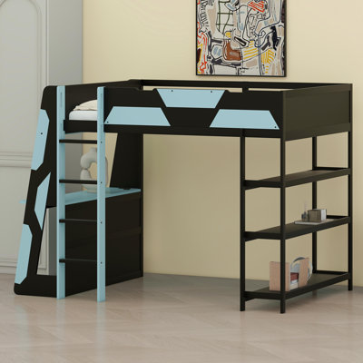 Gaming Loft Bed with Integrated Desk, Storage Shelves & Ambient LED Lighting