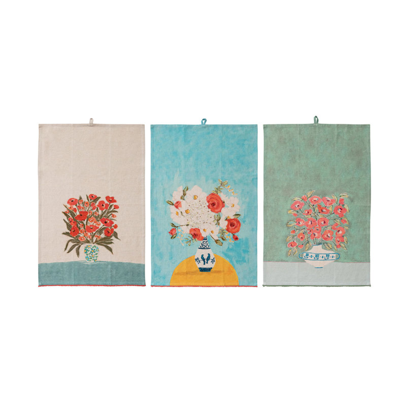 Ensemble de serviettes à thé en coton et lin à imprimé avec garniture de fleurs et pompons