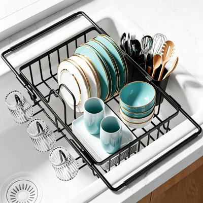 Dish Drying Rack in Sink, Expandable Stainless Steel Over The Sink Dish Rack with Cutlery Holder & Cup Holders, Large Kitchen Racks for Dishes Vegetables Fruits (Black)