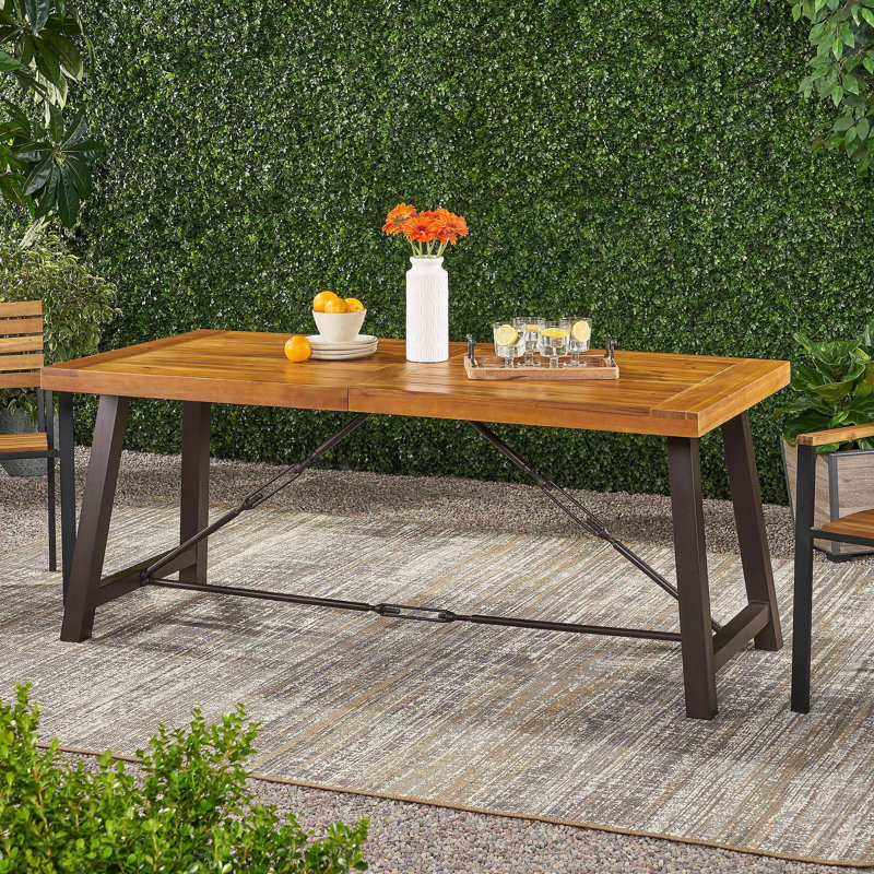 Outdoor Acacia Wood Metal Base Dining Table, Teak