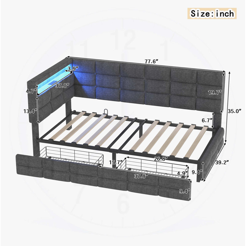 Upholstered Twin Size Daybed with Storage, Charging Station, and LED Lights, , No Box-Spring Needed, Gray