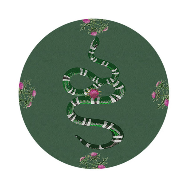 Thistle And Snake Vegan Leather Round Pebble Placemat, Evergreen