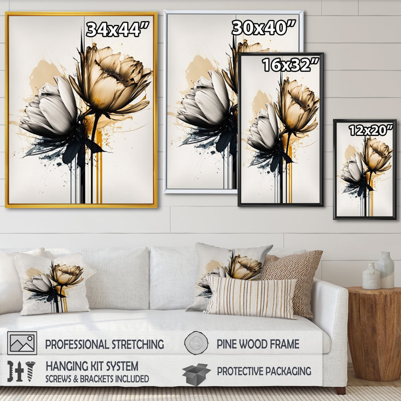 Marguerite jaune sur fond abstrait - Peinture sur toile, H 20 po x l 12 po x P 1 po, Cadre flottant noir