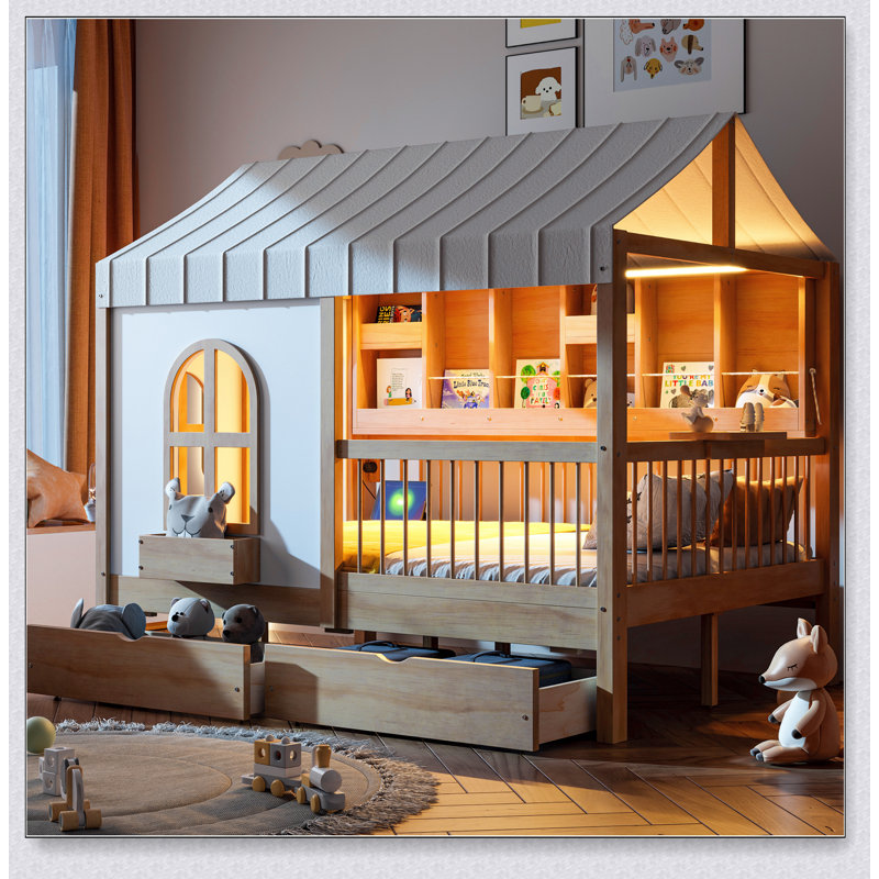 House Bed With 2 Large Drawers, Side Bookshelf With LED Strip
