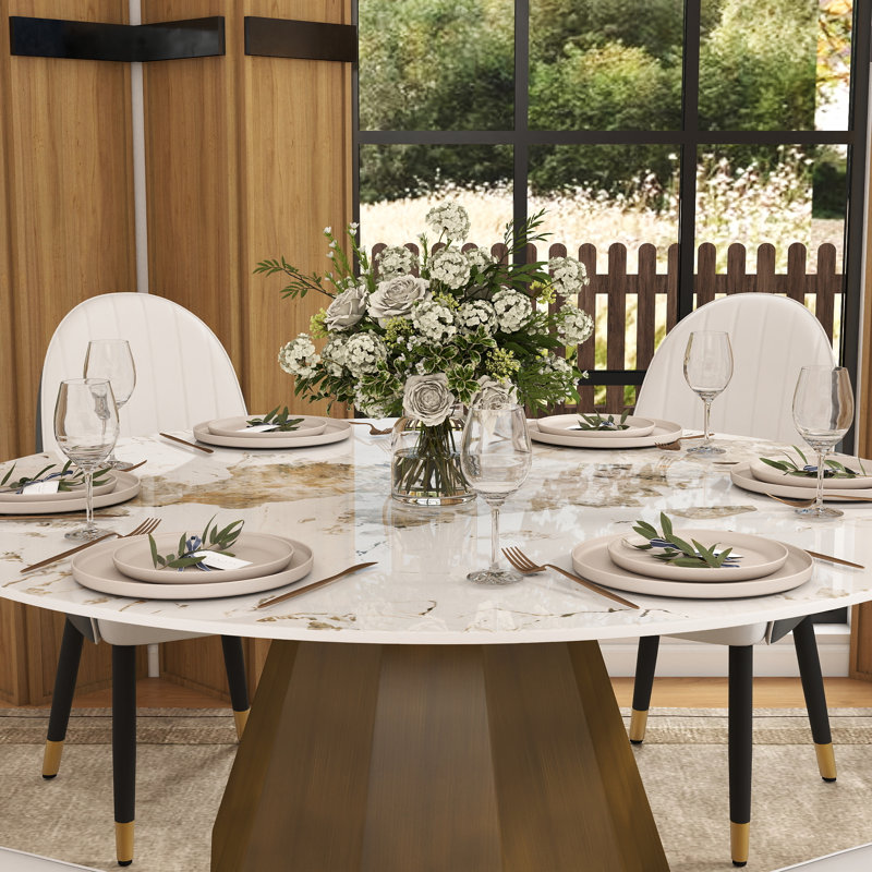 7 - Piece Stone Top Pedestal Dining Set, 29.53"H x 53.15"L x 53.15"W, Pandora