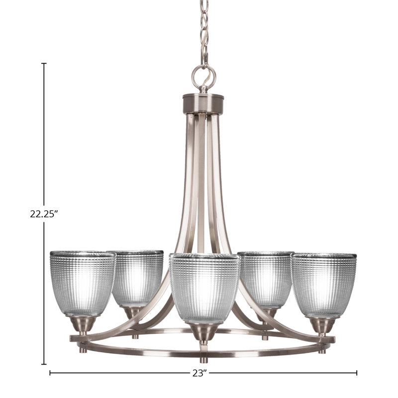 Paramount 5 Light Uplight Chandelier Shown In Brushed Nickel Finish With 5" Clear Ribbed Glass