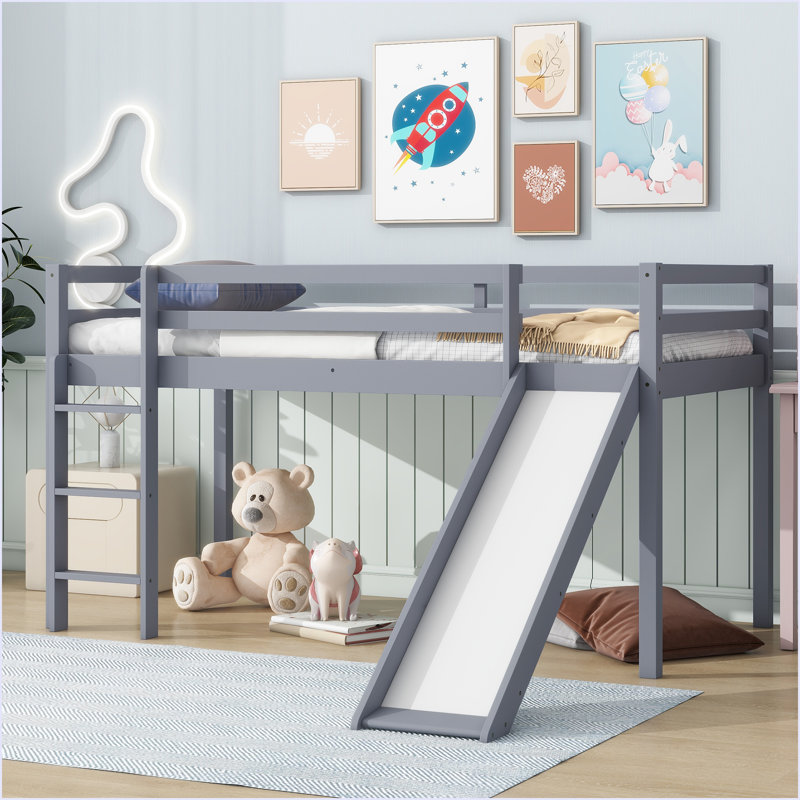 Lit simple mezzanine bas avec glissade, échelle, barrières de sécurité, lit mezzanine simple en bois d'hévéa, Gris
